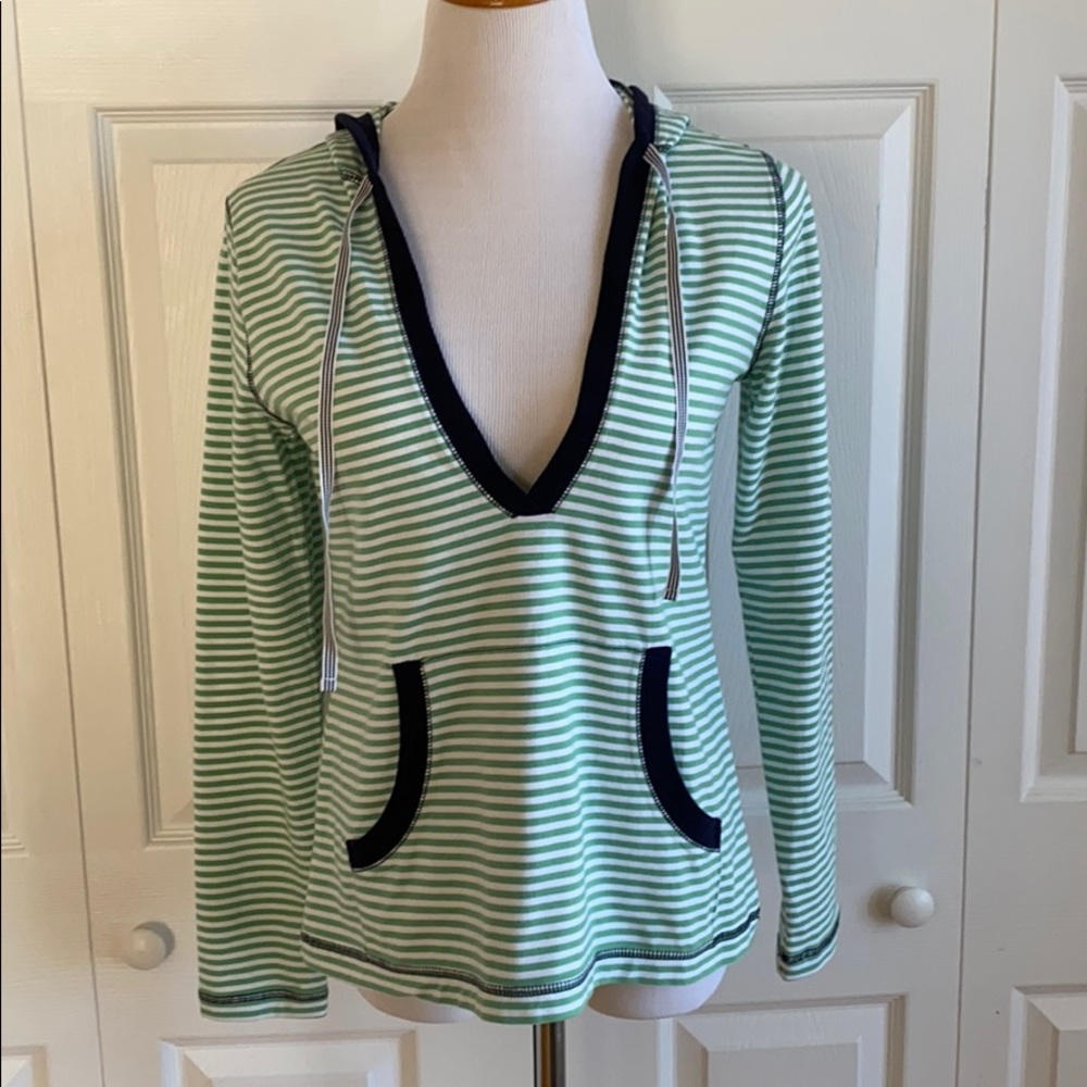 Striped V-Neck Hoodie Top - Light Green